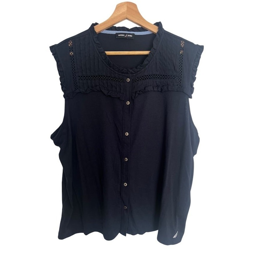 Nautica Jeans Womens Blouse Size L Navy Blue Eyelet Ruffle Sleeveless Cotton Top